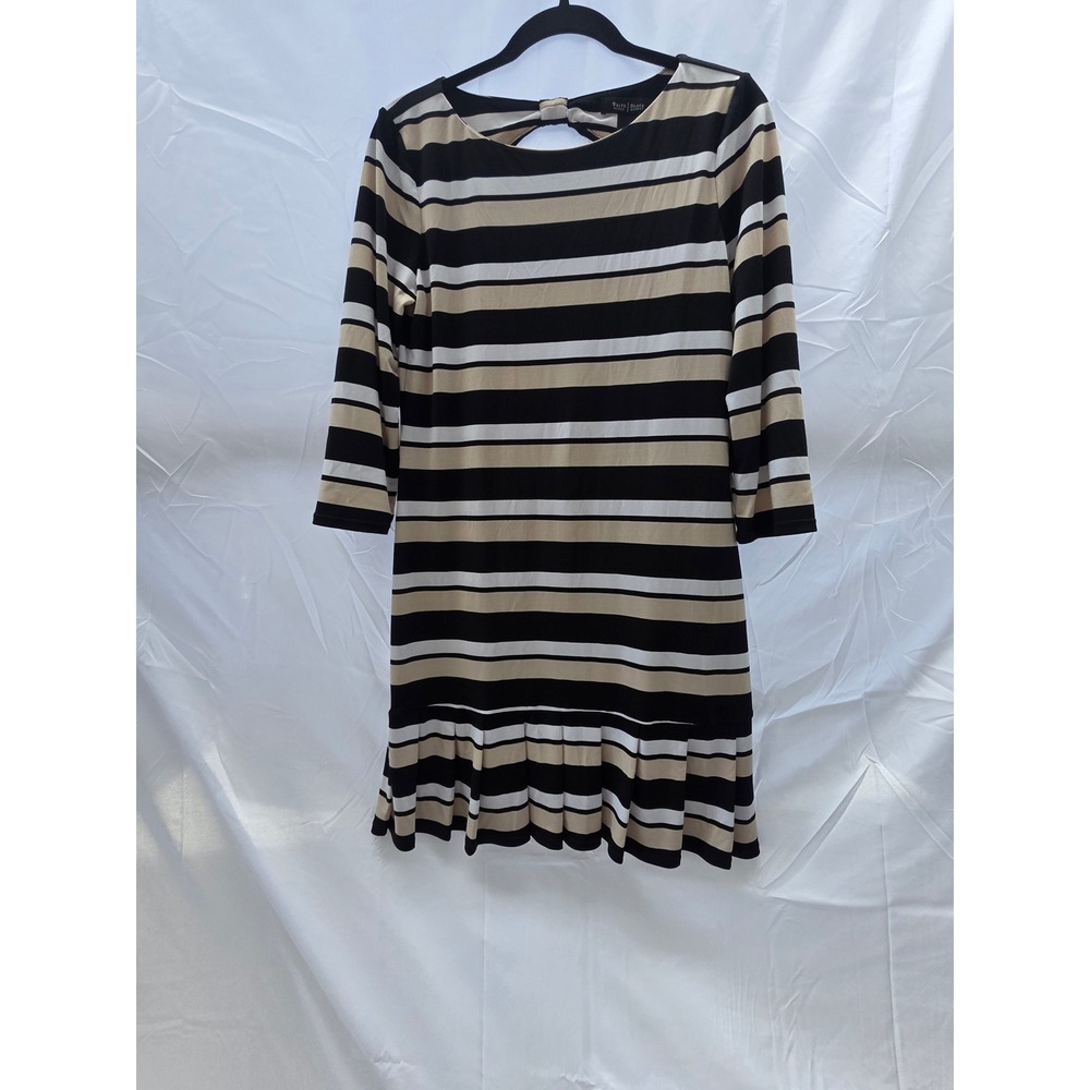 WH Black Market Striped Dress M Black Tan Bow Back Pleated Hem 3/4 Sleeve
